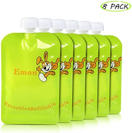 Reusable Food Pouches (8Big 5.7Oz ) Easy to Fill and Clean Double Zipper Means No Leaking Perfect for Homemade and Organic Baby Food Suitable for Babies Toddlers and Kids of All Ages By Emon
