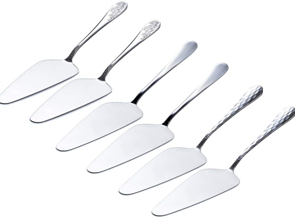 RETON 6 Pcs Stainless Steel Pie/Cake/Pizza Server Holder, Mirror Finished, Smooth Edge & Printed Handle (6 Pcs, Smooth Edge)