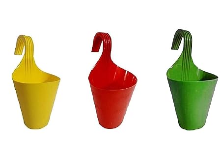 Zollyss Hanging Planters for Plants Railing Flower Pots, Balcony Railing Vertical Hook for Home Gardening, Unbreakable, (Multicolour, Set of 3)