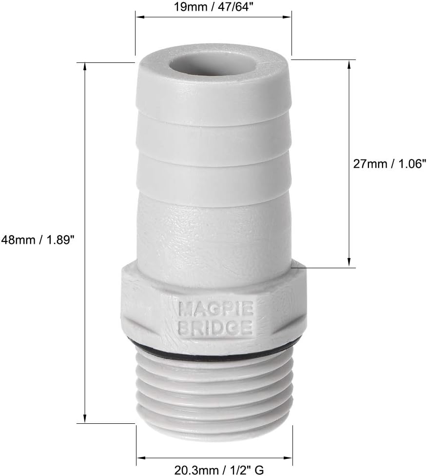 sourcing map PVC Barb Hose Fitting Connector Adapter 19mm or 47/64" Barbed x 1/2" G Male Pipe 6pcs, Grey, 47/64" x G1/2 - Image 3