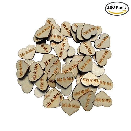 Vpang 100 Pcs Rustic Wood Heart Shaped Embellishments Letters Wooden Heart Confetti for DIY Crafts Wedding Decor (Mr&Mrs)