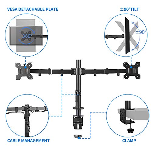MAIDeSITe Dual Monitor Stand Adjustable Height PC Desk Mount for 13-27”Computer/TV Screens, 22 lbs per Arm,Swivel 180°, Rotate 360°
