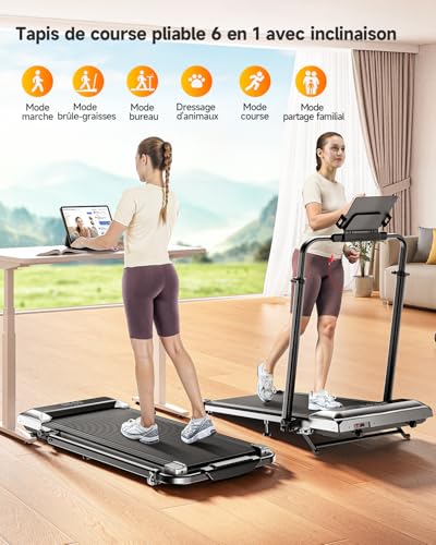 6 in 1 Treadmill, Slope 1%-6%-12%, Speed 12km/h, Telescopic Riser Height 115CM, Riser Angle 95°-105°, 2.5 HP, Compact and Portable,Family Friendly