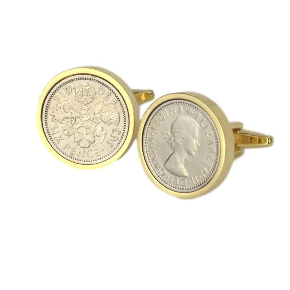 Polished Sixpence Gold Mount Cufflinks | 1963 Anniversary Coins 63rd Birthday