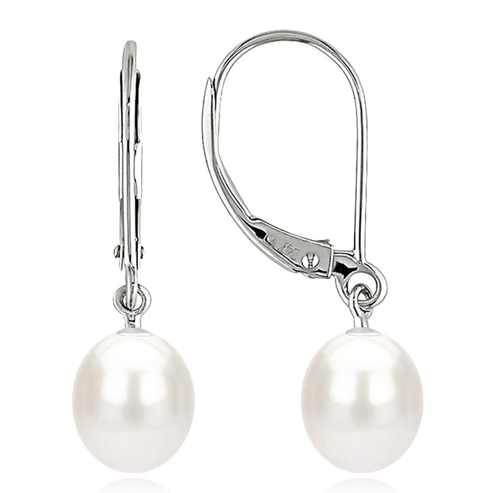 Sterling Silver 6-6.5mm Teardrop White Freshwater Cultured Pearl Leverback Dangle Earrings - AAA Quality