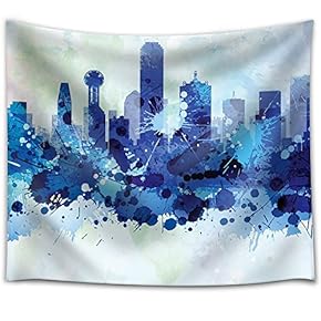 Vibrant Blue Splattered Paint on The City of Dallas, Texas - Fabric Tapestry, Home Decor - 51x60 inches