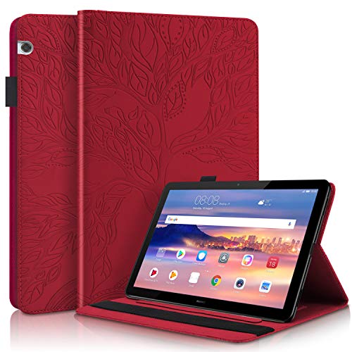 Succtop Huawei Mediapad T5 10 Case PU Leather Flip Wallet Card Slot Multifunction Tablet Protective Case Standing Function and Pen Holder for Huawei Mediapad T5 10 10.1 Inch 2018, Red