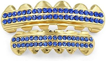 New Custom Fit 14k Gold Plated Iced Out CZ Rhinestone Teeth Grillz Caps Top &amp; Bottom Grill Set (Blue)