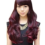 Sunward High Quality New Womens Girls Wine Red Fluffy Neat Bangs Long Full Curly Wavy Glamour Hair Wig Fashion Wig