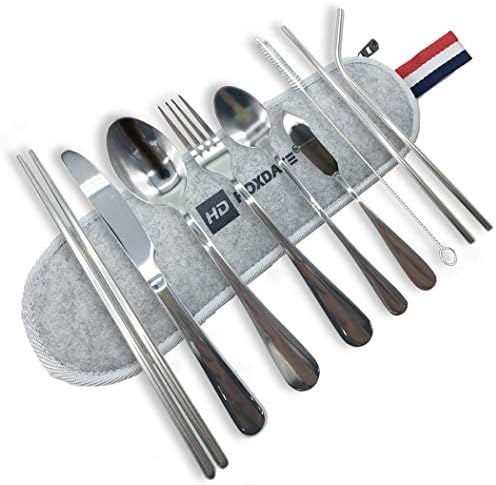 Portable Utensils, Travel Camping Cutlery Set,10-Piece including Knife Fork Spoon Chopsticks Cleaning Brush Straws Portable Case, Stainless Steel Flatware set (Light gray bag)