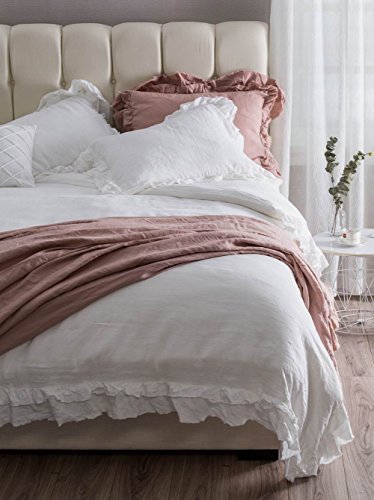 MEADOW PARK Stone Washed Pure Linen Duvet Cover Set 3 Pieces, Queen Size - 90 inches x 94 inches - Shams 20 inches x 26 inches, Double Ruffled Style - Corner Ties - Super Soft, White