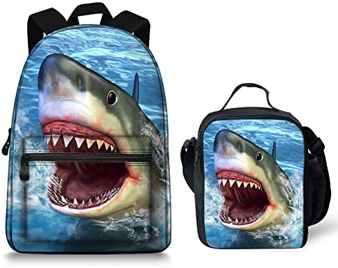 Shark Print Backpack with Side Mesh Pockets and Insulated Lunch Bag Box Food Container