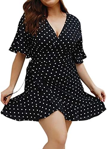 Womens A-Line Short Skirts Short Sleeve V-Neck Polka Dot Wrap Mini Dress Summer Holiday Dress Plus Size