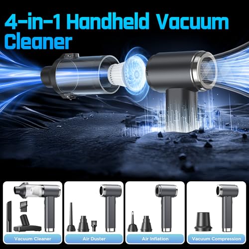 GARAID 4 in 1 Cordless Vacuum Cleaner, 25000Pa Portable Car Vacuum Cleaner, 6000 mAh Mini Vacuum Cleaner with Brushless Motor, 2 Speeds, 150,000 RPM Compressed Air for Car Home Office Animal