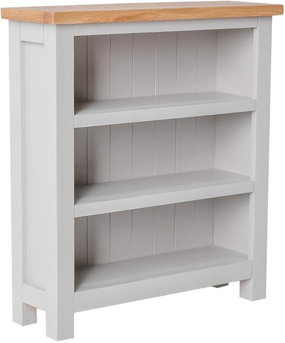 Farrow Grey Low Bookcase with Oak Top Roseland Furniture Contemporary