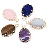 LHJ 8 Pcs Oval Shape Natural Stone Pendants Random Healiing Crystal Charms for Necklace Jewelry Making Women Gift