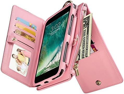 iPhone 7 Plus 8 Plus Wallet Case, iDamtok Unisex PU Leather Magnetic Detachable Phone Cover Flip Folio Case Multi-functional Zipper Money Purse Pocket with 12 Card Slots, Pink