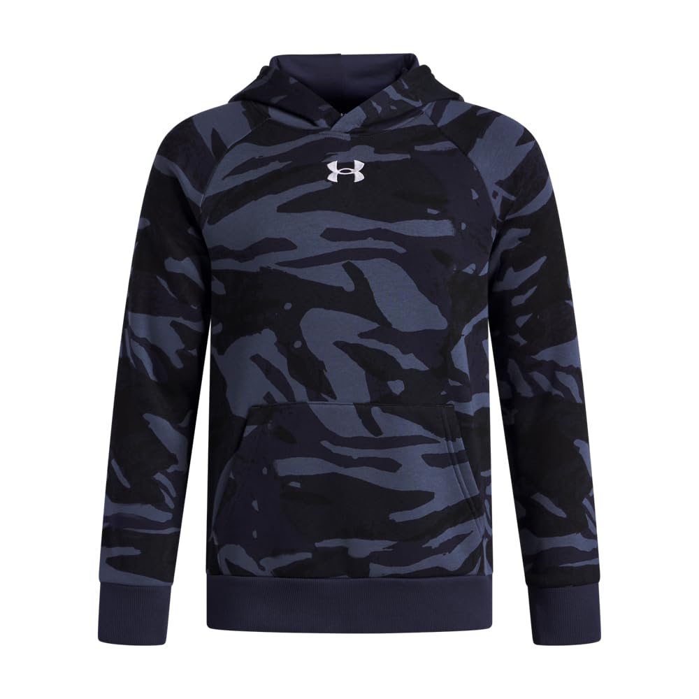 Under Armour Boys' Rival Fleece Printed Hoodie, (403) Washed Navy / / White, Medium Image
