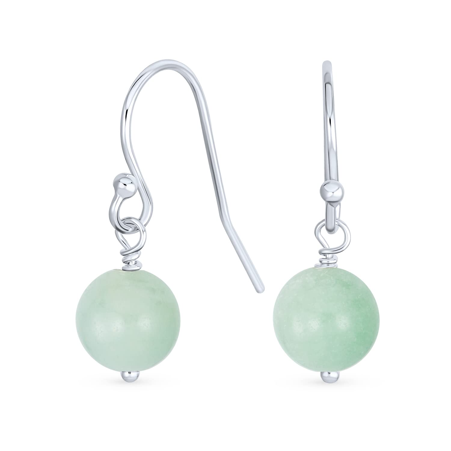 Simple Plain Blue Amazonite Gemstone Round Dangle French Fish Hook Wire Ball Drop Earrings For Women .925 Sterling Silver