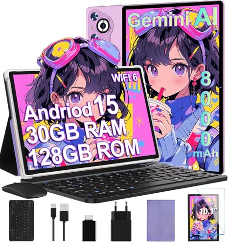 Android Tablet 15, 30GB RAM 128GB ROM(TF 2TB Expandable), 10 Inches, 8000mAh, WIFI 5G/ GPS/ BT5.0/ OTG, Face ID, Widevine L1, Tablets Metal Body with Keyboard, Mouse, Protective Case -Purple