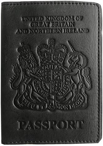 Designer Men’s Women’s British United Kingdom Embossed RFID Blocking Genuine Leather Passport Cover & Boarding Pass Holder Matt Black