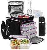 A2S Complete Meal Prep Lunch Box - 8 Pcs Set: Cooler Bag 3x Portion Control Bento Lunch Containers Leakproof 3 Compartments Microwavable BPA Free - Fork & Spoon - Thermos - 2x Ice Gel (Black / Purple)