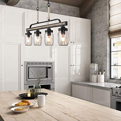 LOG BARN Rustic Mason Jar Pendant Lighting for Kitchen, 4 Lights Farmhouse Chandelier in Distressed Faux Wood and Dark Grey Metal Finish, 30" Large Dining Room Linear Lighting