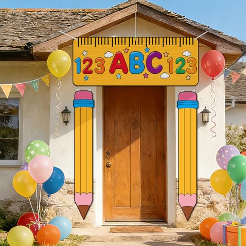 SUPERDANT 3Pcs Welcome Back to School Porch Banner Welcome Back School Sign Reusable Fabric Door Couplet With Hooks Rope Pencil Ruler Shape For Kindergarten Preschool Entryway Photo Backdrop 180x30cm at Amazon