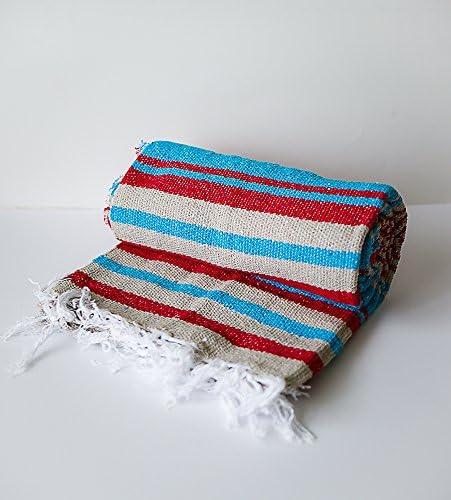 Authentic Mexican Falsa Blanket, La Montana "Ruby Turquoise" / Yoga Blanket / Picnic Blanket / Tapestry in turquoise, red, and tan