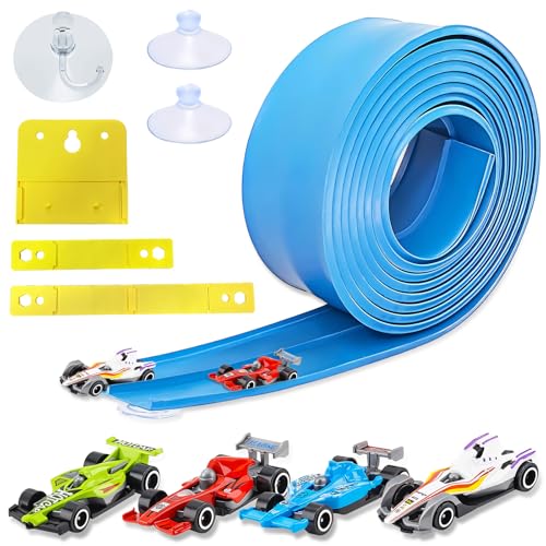 Photo 1 of 15 Ft Flexible Race Car Track, Portable Dual-Sided Race Car Track with 4 Cars & Suction Cups, Compatible with Hot Wheels & 1/64 Diecast Cars, Kids’ Car Ramp & Race Track (Blue L)