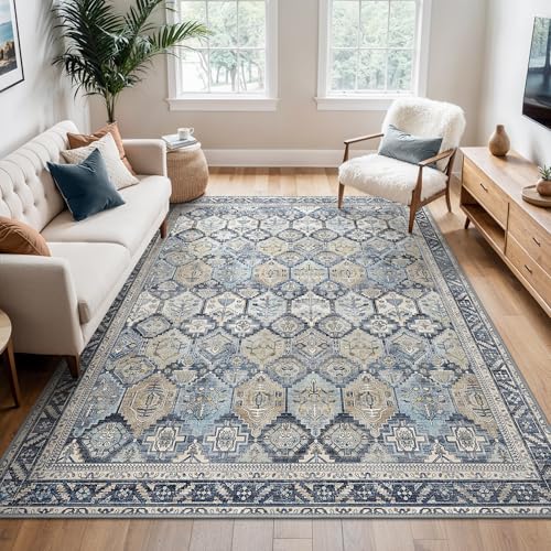 BEIMO Vintage Waschbarer Teppich Wohnzimmer, 160x230cm Blumenblau