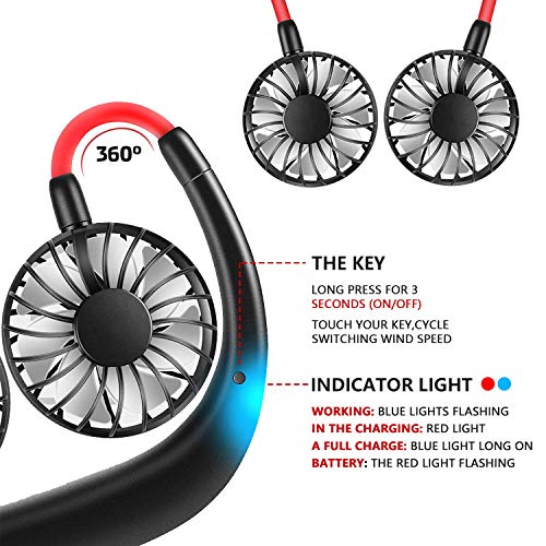 YIWEI Hand Free Personal Fan Portable Sports Neck Hanging Fan USB Rechargeable 2000mAh 3 Speeds Mini Desk Cooling Fan with Dual Wind Head for Traveling Outdoor Office Room