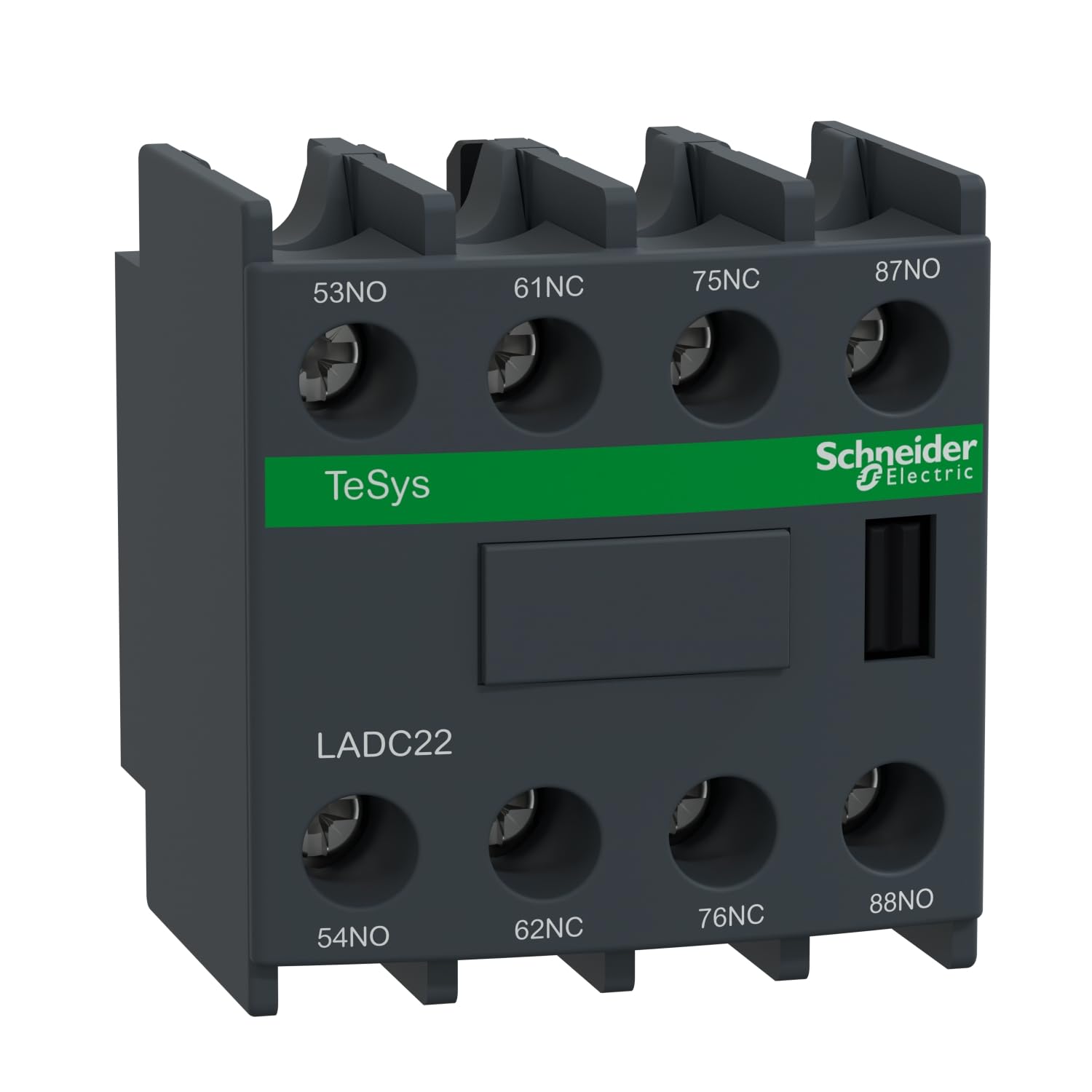 Schneider Electric, Auxiliary contact block, TeSys D, 2NO + 2NC (inc. 1NO + 1NC make before break), front mounting, screw clamp terminals, LADC22