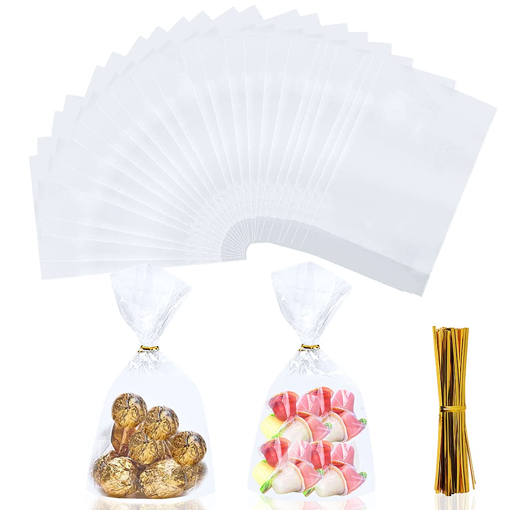 100Pcs Clear Flat Cellophane Treat Bags, Resealable Flat Cello Bags with 100Pcs Twist Ties for Bakery, Candy, Cookie, Fruits, Nuts, Chocolates, Popcorn, Snacks, Soap