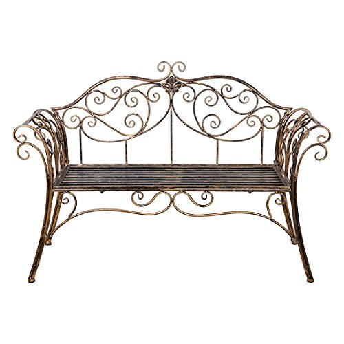 Gartenbank Metall Sitzbank mit Rückenlehne & Armlehne Eisenbank für 2-3 Sitzer Ruhebank Retro-Stil Bank für Garten Park Balkon (Bronze)