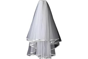 FUNNTY White Bridal Veil with Comb, Double Simple Tulle Short Wedding Veil, 23-27 Inch Ribbon Edge Center Cascade Headdress f