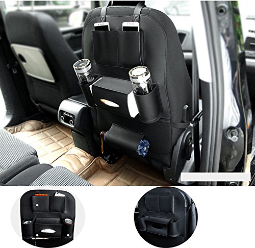 Super PDR PU Leather Car Seat Back Organizer Multi-Pocket Storage Bags Protectors with iPad,Kids,Table Holder,Umbrella,Bottles,Baby Toys,Tissue Box (Black)