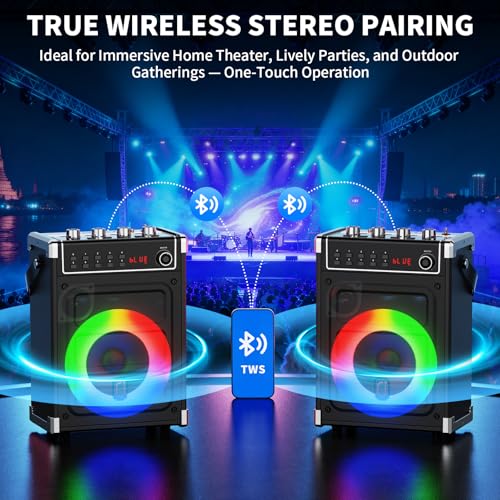 JYX Karaoke Machine with Two Wireless Microphones, Bass/Treble Adjustment and LED Light, TWS Support, AUX Input, FM Radio, REC, Party/Meeting/Wedding Supply - Black