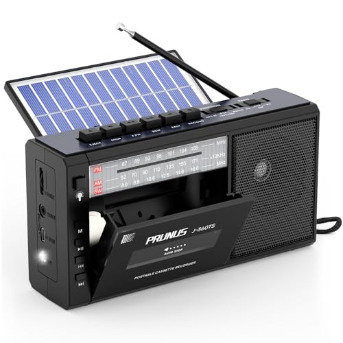 PRUNUS J-360 Bluetooth Cassette Player, Am/FM Solar and Rechargeable Radio Cassette Player with Headphone Jack, TF/USB Player.