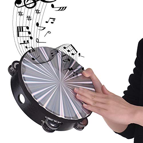 Muslady 8 inch /10 inch Wooden Radiant Tambourine Handbell Hand Drum with Double Row Jingles Reflective Drum Head Percussion Instrument Musical Toy