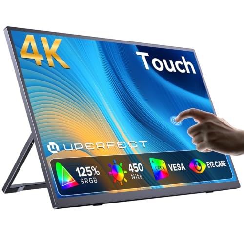 UPERFECT 4K Portable Monitor Touchscreen, 15.6” 125% sRGB Laptop Monitor, 3840 * 2160 UHD, 450 Nits Ultra-Slim Monitor, USB-C & MINI HDM, VESA & Stand, Travel Screen for Computer, PC, Game Consoles