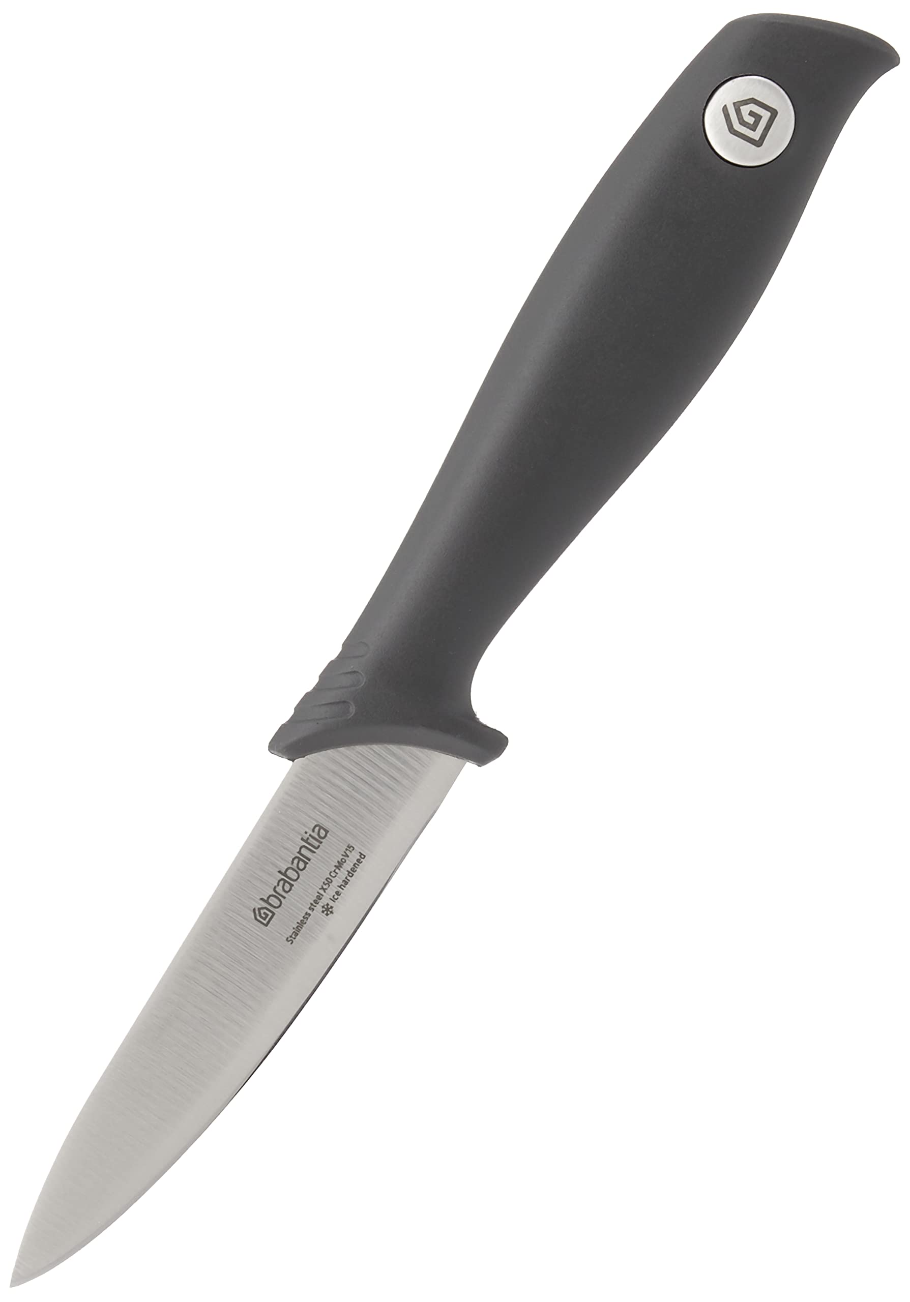 Brabantia Tasty+ Paring Knife (Dark Grey) Hardened Steel Short Blade Kitchen Knife, Ideal for Cutting/Peeling Fruit & Vegetables, Integrated Finger-Guard, All-Rounder, Sharp Tip