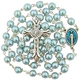 Double Capped Blue Glass Pearl Prayer Bead Miraculous Medal Centerpiece Rosary