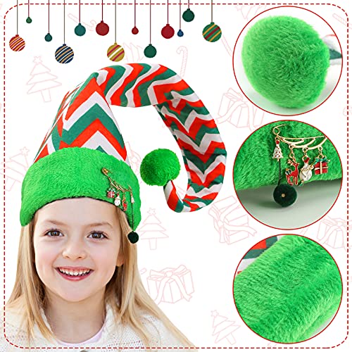 MCPINKY Christmas Elf Hat, Long Striped Hat Felt and Plush Hat With Snowmen Brooch Pin for Kids Women Adults Holiday Party Custume Christmas Dress Up