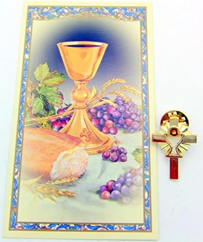 First Holy Communion Mini Gift Set Cross Lapel Pin &amp; Holy Card for Boys or Girls