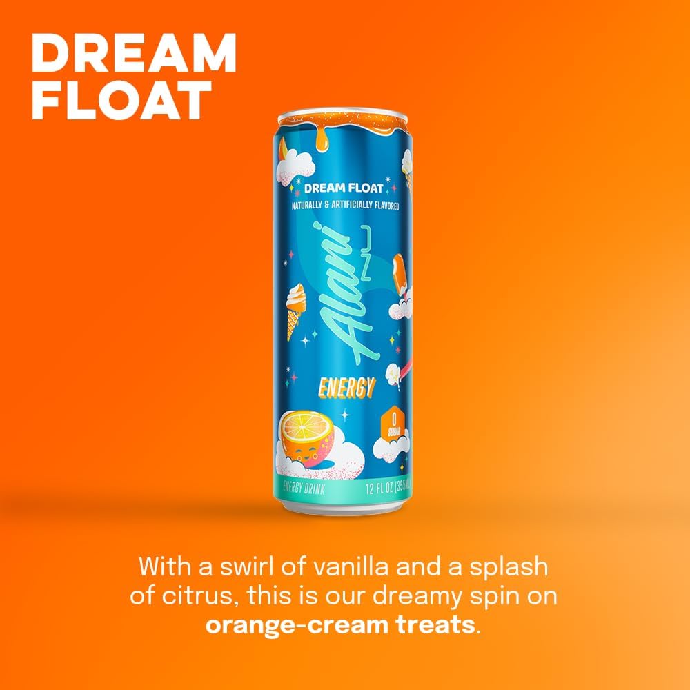 Alani Nu DREAM FLOAT, Sugar Free, Low Calorie Energy Drinks, 200mg Caffeine, Biotin, B Vitamins, Zero Sugar, 10 Calories, 12 Fl Oz Cans, 24 Pack