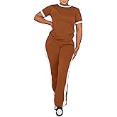 PINSV Women's 2 Piece Outfits Short Sleeve Tops Sweatpants Colorblock Bodycon Lounge Sets Tracksuit