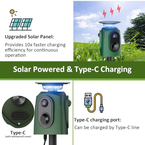 Cat Repeller Ultrasonic Solar Animal Repellent, 360° Marten Deterrent with LED Light, Cat Repellent, Marten Repellent, Garden, IP65 Waterproof, 5 Modes, Raccoon Repellent for Cats, Dogs, Martens, Mice