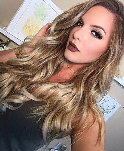 Givmiluck (Free Stochastic Choker)Synthetic Ombre Wigs Non Lace Blonde Hair Wigs with Brown Roots Natural Looking Honey Blonde Synthetic Wavy Wigs 22 inches (Ombre Light Blonde Brown Roots)