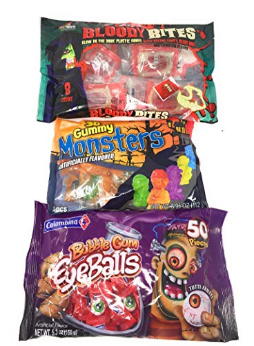 Halloween Candy Bundle with Bloody Bites, Bubble Gum Eye Balls and 3D Gummy Monsters